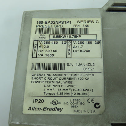 Allen Bradley 160-BA02NPS1P1 0.75HP Variable Speed Drive W/ 160-LFB1 Line Filter