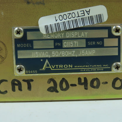 Avtron AET02001 CII57I Memory Display 115VAC 50/60HZ 0.15A D10472