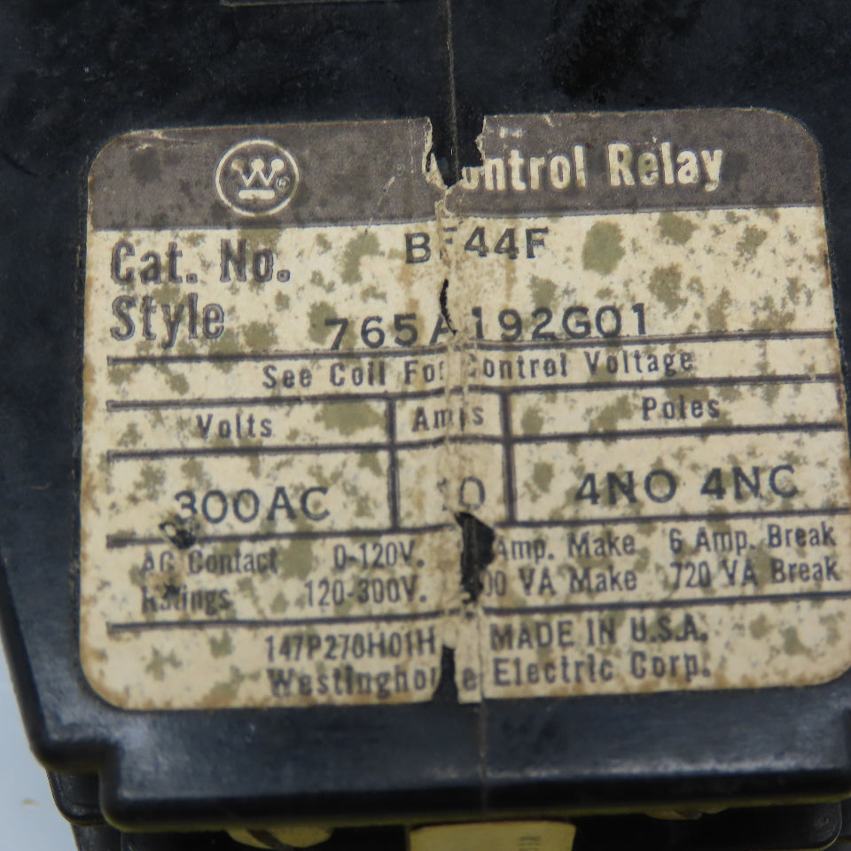 Westinghouse 765A192G01 Control Relay 300VAC 10A 120V Coil