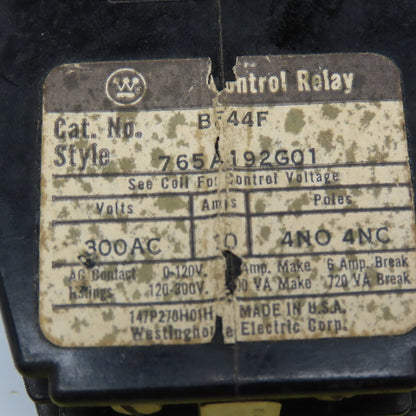Westinghouse 765A192G01 Control Relay 300VAC 10A 120V Coil
