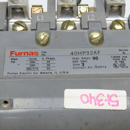 Furnas 40HP32AF Size 3 Contactor 90A 600VAC MAX 120V Coil