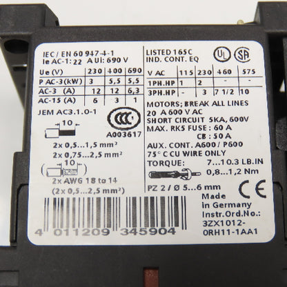 Siemens 3RV1021-1FA10 3RT1017-1AK61 Manual Motor Starter 3.5-5A Overload Trip