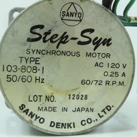 Sanyo Denki 103-808-1 Synchronous Stepper Motor 120VAC 60/72RPM 3/8" Shaft