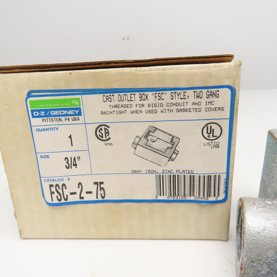 OZ Gedney FSC-2-75 3/4" Hub Cast Iron Outlet Box FSC Style Two Gang No Cover