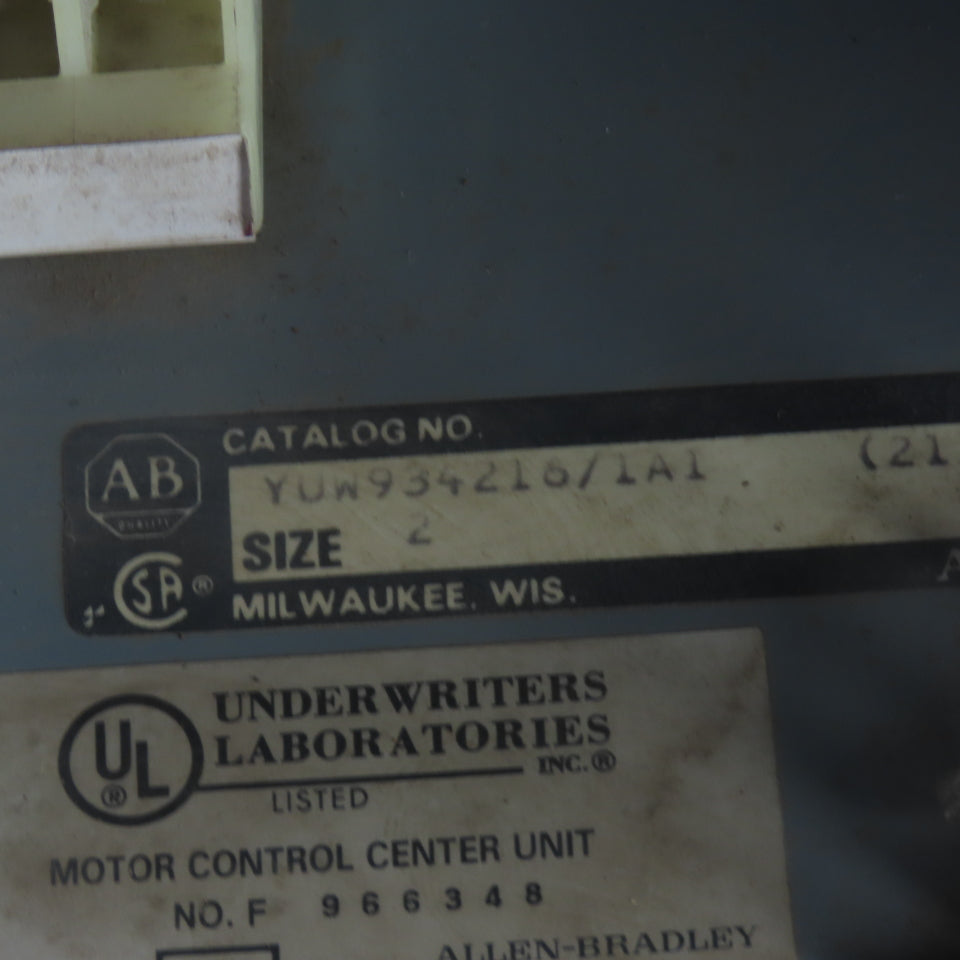 Allen Bradley YUW934216/1A1 Size 2 Mcc Motor Starter Bucket 25HP 480V 3PH 3 Pole