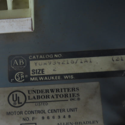 Allen Bradley YUW934216/1A1 Size 2 Mcc Motor Starter Bucket 25HP 480V 3PH 3 Pole
