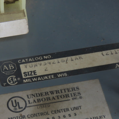 Allen Bradley YUW934216/1AK Size 2 Mcc Motor Starter Bucket 25HP 480V 3PH 3 Pole