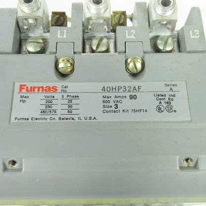 Furnas 40HP32AF Ser A 600V 90A Size 3 Contactor 110/120V Coil