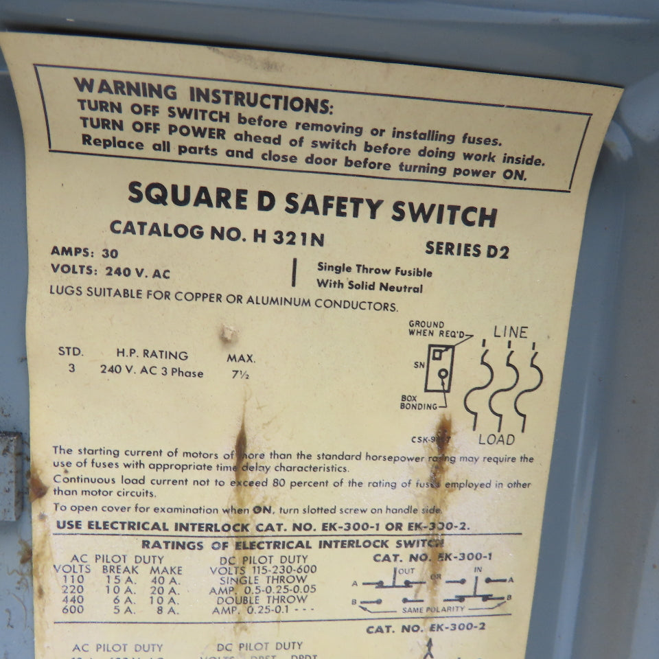 Square D H321N 30A 240V Fusible Safety Disconnect Switch 3Ph 7.5Hp