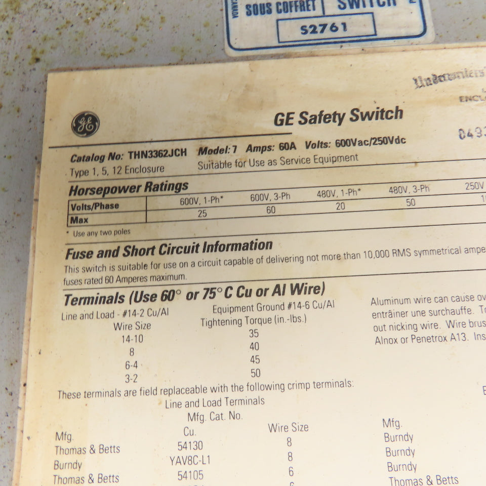 General Electric THN3362JCH 60A 600V 250VDC Non Fused Safety Disconnect