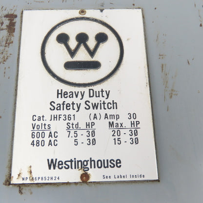 Westinghouse JHF361 30A 600VAC Fused Safety Disconnect Switch 20Hp Max