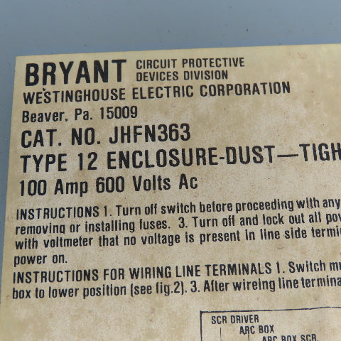 Westinghouse JHFN363 100A 600VAC Fused Safety Disconnect Switch