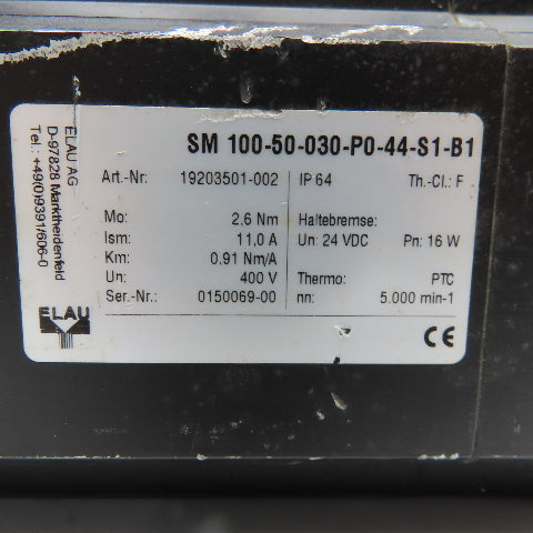 Elau SM 100-50-030-P0-44-S1-B1 400V Servo Motor 5000RPM Servo Motor W/ Brake