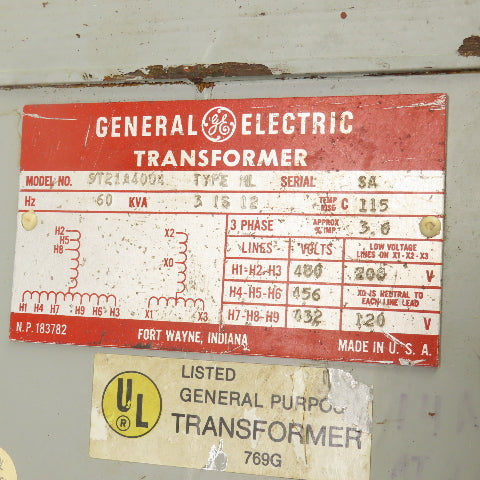 GE 9T21A4004 Type ML 3, 1S, 12kVA Transformer Pri 480/456/432 Sec 208/120V