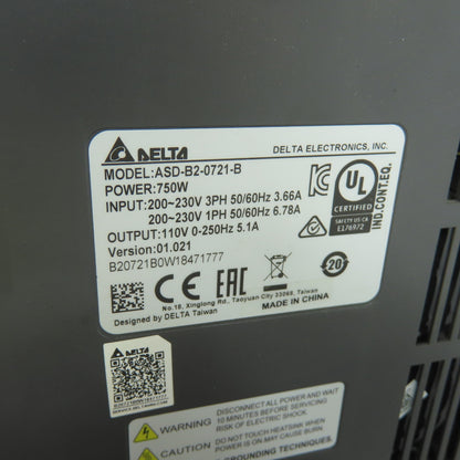 Delta ASD-B2-0721-B 3Ph Servo Drive 230V 50/60Hz 3.66A Input 110V 2.1A Output