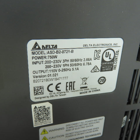 Delta ASD-B2-0721-B 3Ph Servo Drive 230V 50/60Hz 3.66A Input 110V 2.1A Output