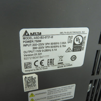 Delta ASD-B2-0721-B 3Ph Servo Drive 230V 50/60Hz 3.66A Input 110V 2.1A Output