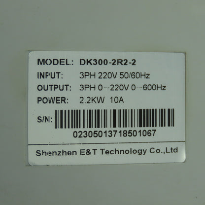 Shenzhen E&T Tech. DK300-2R2-2 Beta 3Ph Inverter Drive 220V 50/60Hz 2.2KW 10A