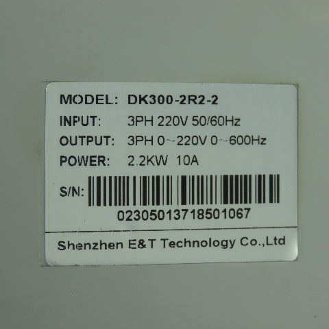 Shenzhen E&T Tech. DK300-2R2-2 Beta 3Ph Inverter Drive 220V 50/60Hz 2.2KW 10A