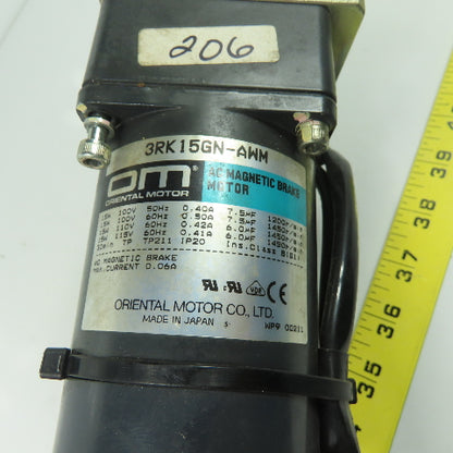 Oriental Motor 3RK15GN-AWM 110V AC Magnetic Brake Motor 0.4A W/3GN6K Gearhead