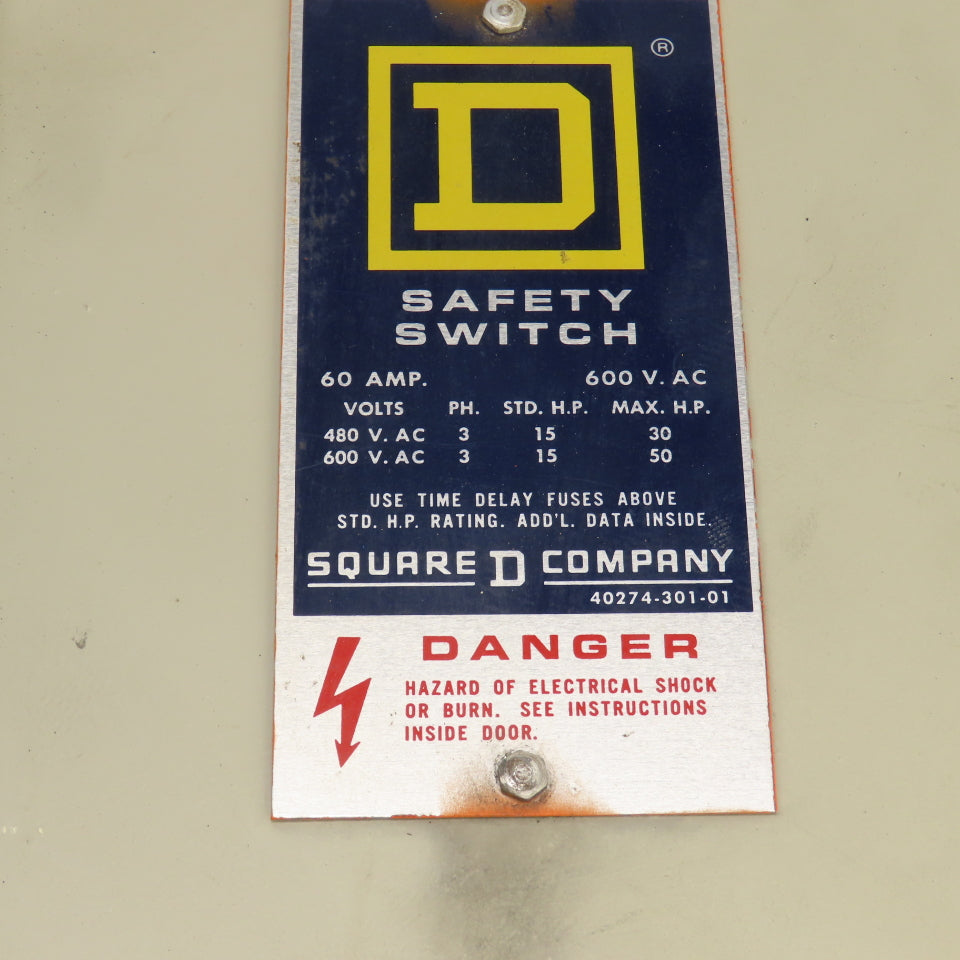 Square D H-362AWK 60A Fusible Safety Disconnect Switch 600V AC/DC Raintight