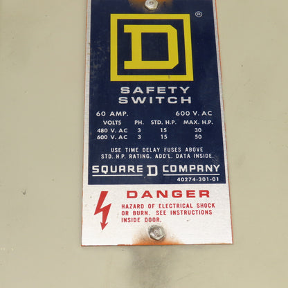 Square D H-362AWK 60A Fusible Safety Disconnect Switch 600V AC/DC Raintight