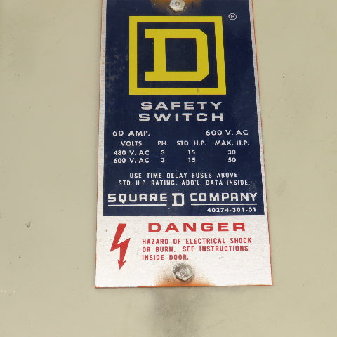Square D H-362AWK 60A Fusible Safety Disconnect Switch 600V AC/DC Raintight
