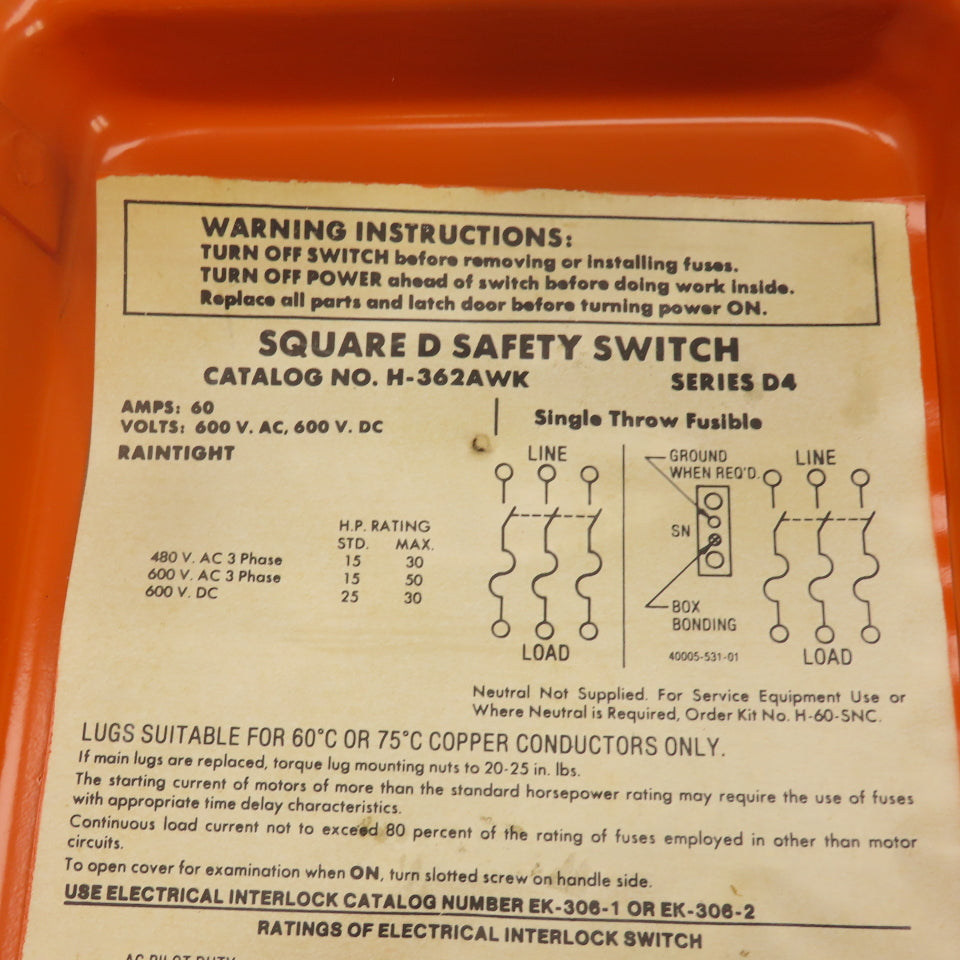 Square D H-362AWK 60A Fusible Safety Disconnect Switch 600V AC/DC Raintight