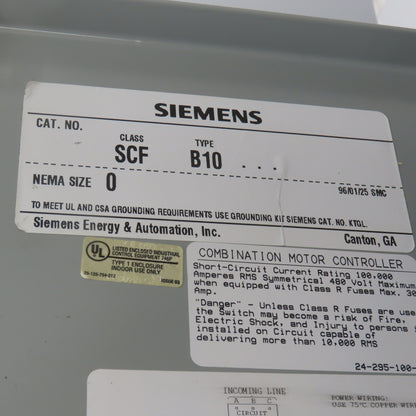 Siemens SCF B10 Size 0 Combination Motor Starter 3-5HP 18A 600VAC(Needs Repair)