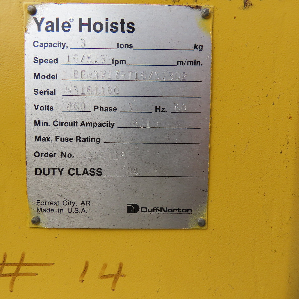 Yale 14' x 110' Free Standing Underhung Dual 3 Ton Wire Rope Bridge Crane 480V