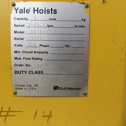 Yale 14' x 110' Free Standing Underhung Dual 3 Ton Wire Rope Bridge Crane 480V