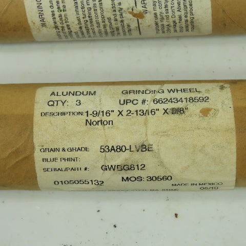 Norton 1-916"x2-13/16"x5/8" Grain 53A80-LVBE Alundum Grinding wheel Lot of 15