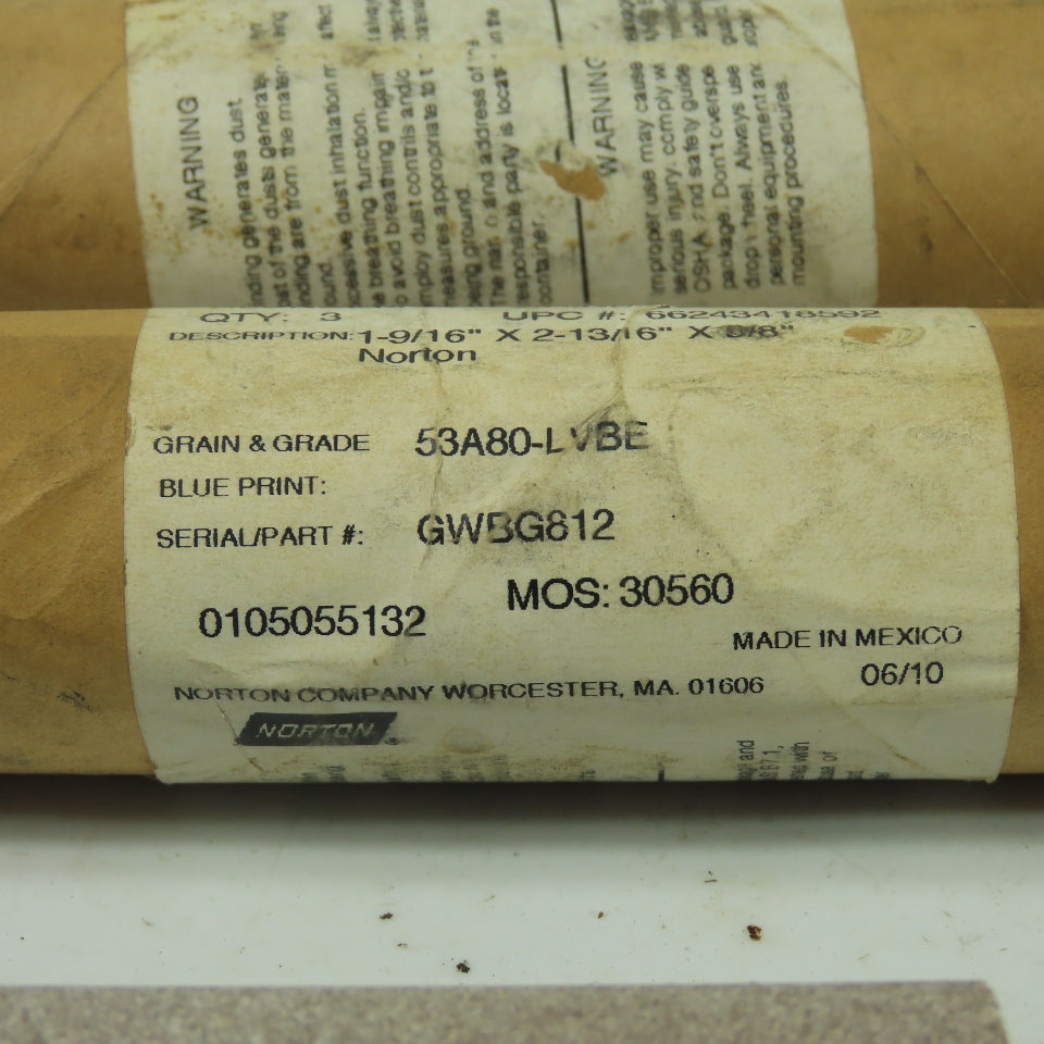 Norton 1-916"x2-13/16"x5/8" Grain 53A80-LVBE Alundum Grinding wheel Lot of 15
