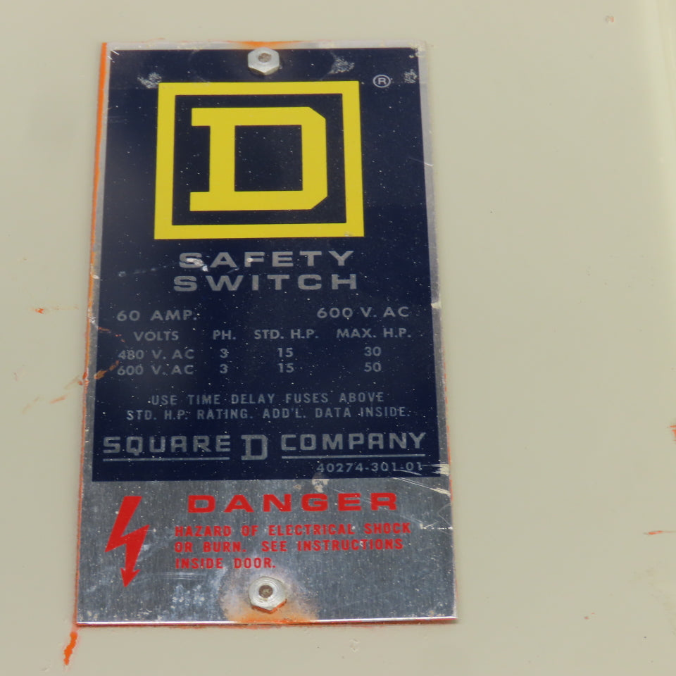 Square D 60A Fusible Safety Disconnect Switch 600VAC 15/50HP H-362AWK Style
