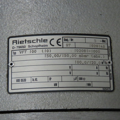Rietschle VFT100 5Hp Rotary Vane Vacuum Pump 208-230/460V 100m3/h W/ Accumulator