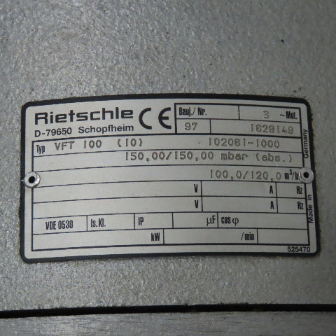 Rietschle VFT100 5Hp Rotary Vane Vacuum Pump 208-230/460V 100m3/h W/ Accumulator