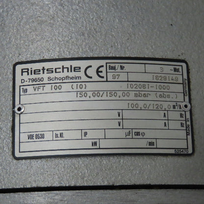 Rietschle VFT100 5Hp Rotary Vane Vacuum Pump 208-230/460V 100m3/h W/ Accumulator