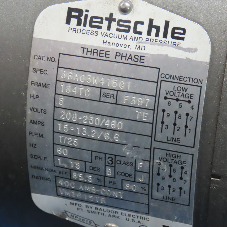 Rietschle VFT100 5Hp Rotary Vane Vacuum Pump 208-230/460V 100m3/h W/ Accumulator