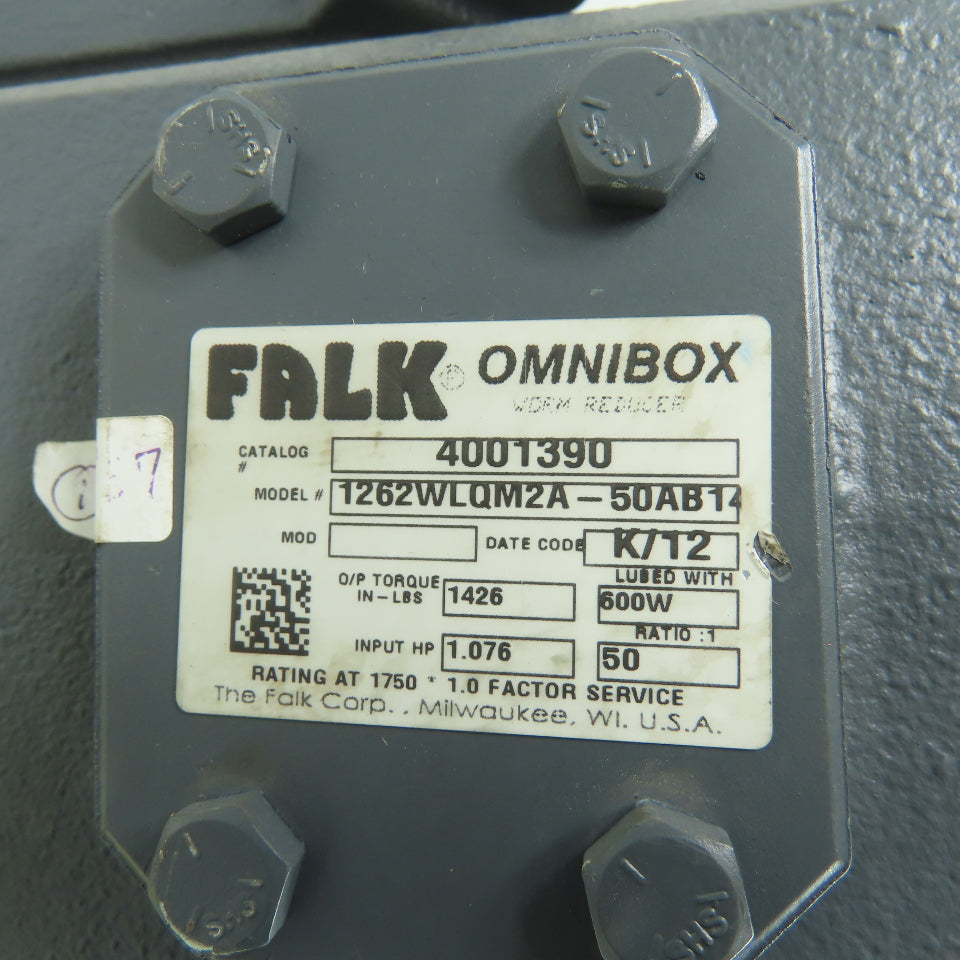 Falk 1262WLQM2A-50AB14 50:1 Right Angle Gearbox Reducer 1750RPM 1.076HP Input