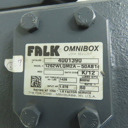 Falk 1262WLQM2A-50AB14 50:1 Right Angle Gearbox Reducer 1750RPM 1.076HP Input