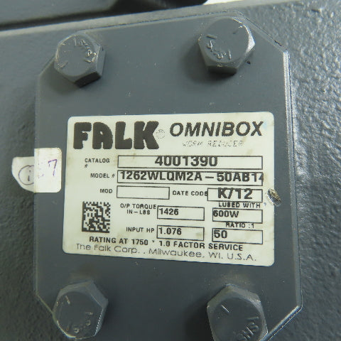 Falk 1262WLQM2A-50AB14 50:1 Right Angle Gearbox Reducer 1750RPM 1.076HP Input