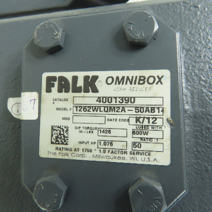 Falk 1262WLQM2A-50AB14 50:1 Right Angle Gearbox Reducer 1750RPM 1.076HP Input