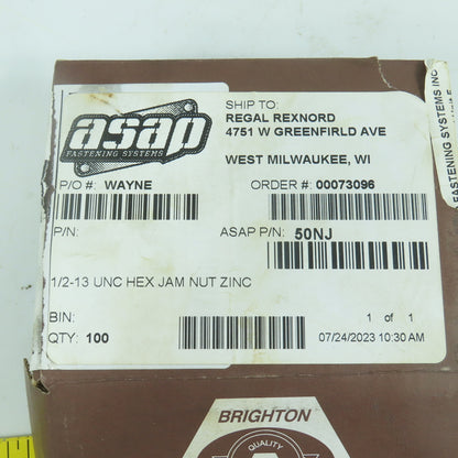 Asap Fastening 50NJ 1/2-13 UNC Hex Head Jam Nut Zinc Lot Of 95