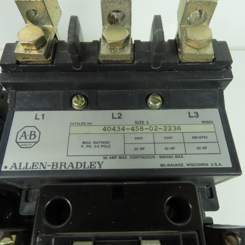 Allen Bradley 40434-458-02-2236 Size 3 Reversing Contactor 600VAC 90A Max 50Hp