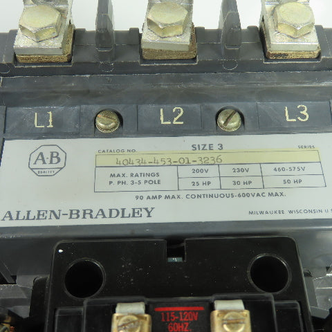 Allen Bradley 40434-453-01-3236 Size 3 Reversing Contactor 600VAC 90A Max 50Hp