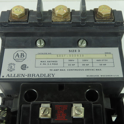 Allen Bradley 500F-D0D930 Size 3 Contactor 600VAC 90A 50Hp 120V Coil W/596-TR32