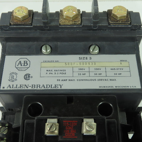 Allen Bradley 500F-D0D930 Size 3 Contactor 600VAC 90A 50Hp 120V Coil W/596-TR32