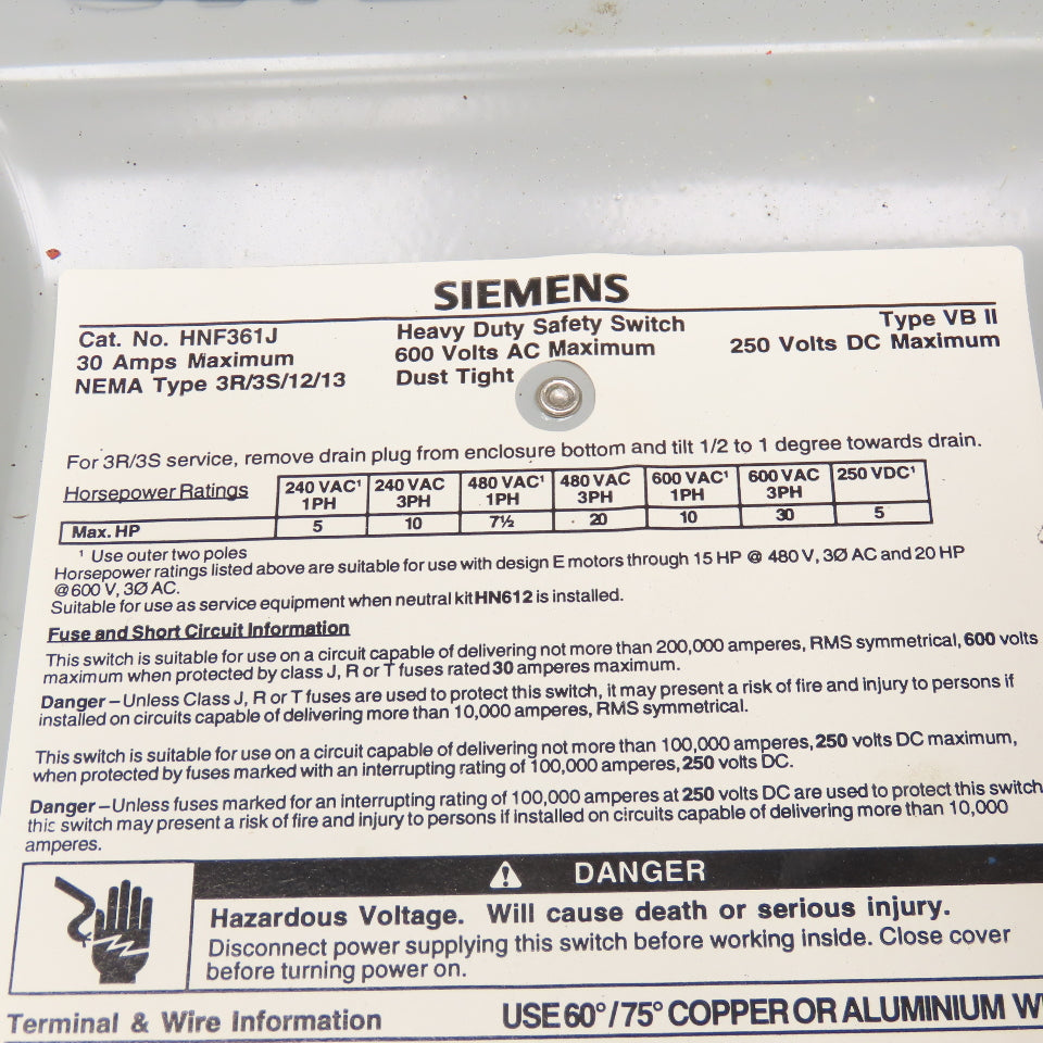 Siemens HNF361J 30A 600VAC 250VDC Dust Tight Non Fused Safety Disconnect