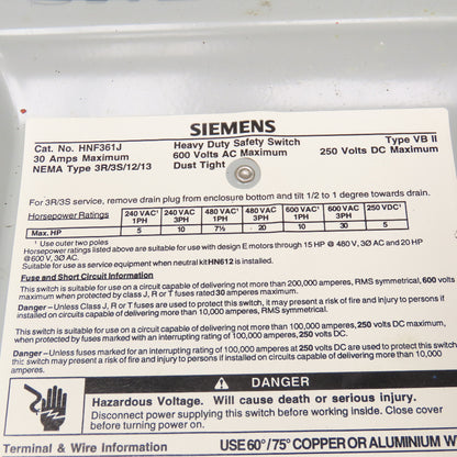 Siemens HNF361J 30A 600VAC 250VDC Dust Tight Non Fused Safety Disconnect