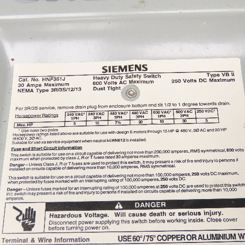 Siemens HNF361J 30A 600VAC 250VDC Dust Tight Non Fused Safety Disconnect